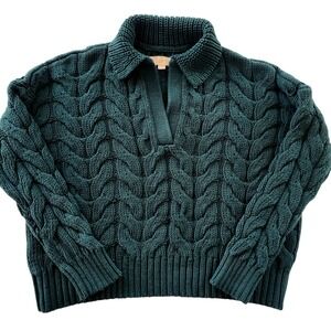 LOFT Womens Forest Green Chunky Cable Knit Polo Sweater Collared V-Neck Sz Small